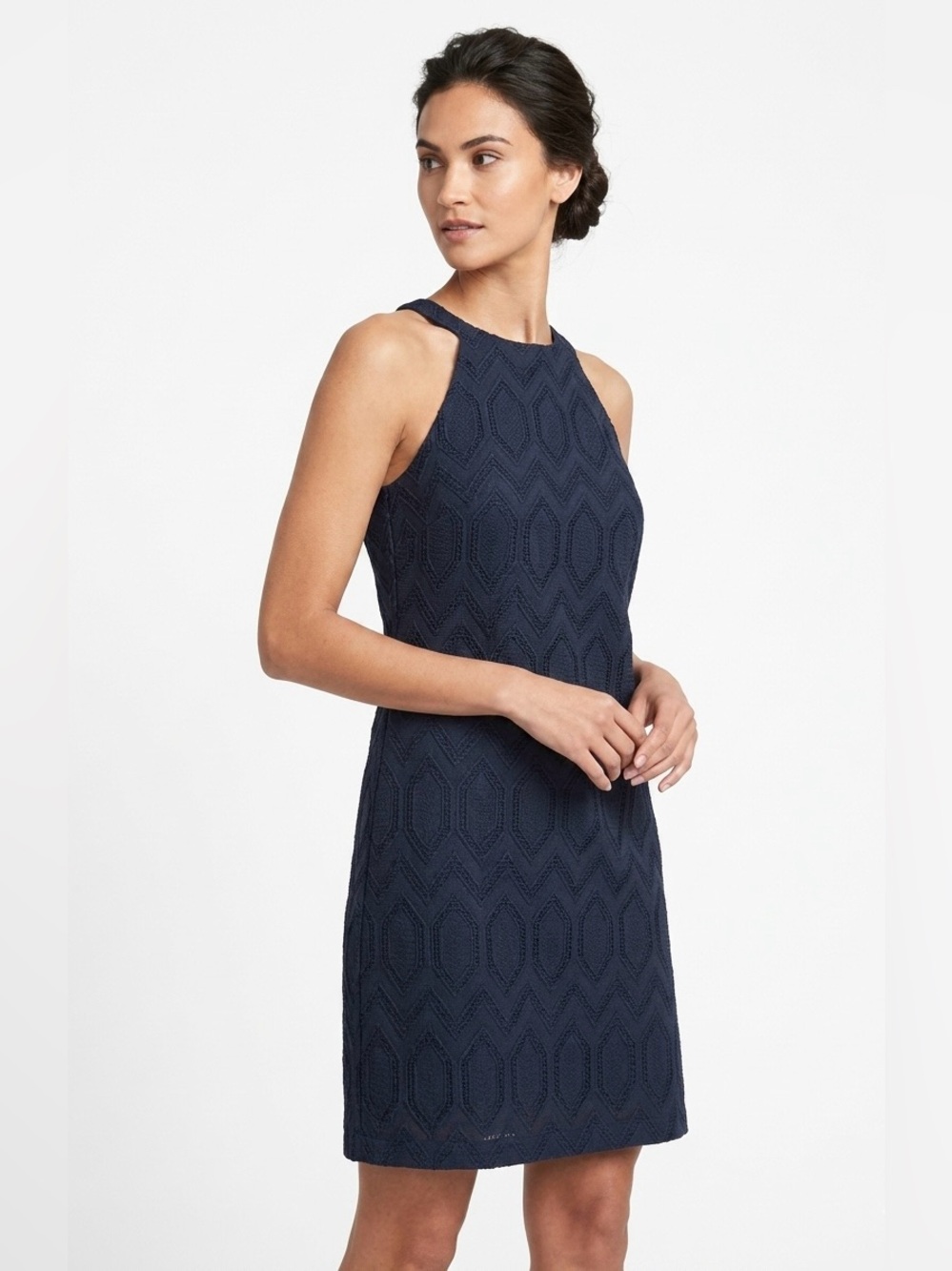 Eyelet Halter Sheath Dress - True Navy
